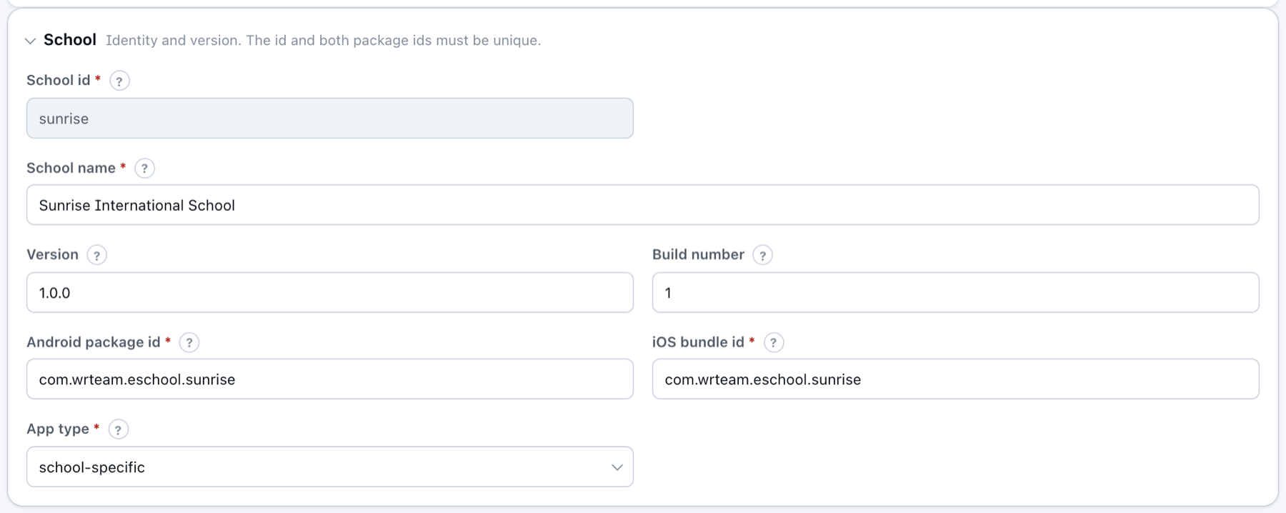 School section: ID, name, version, package IDs and app type